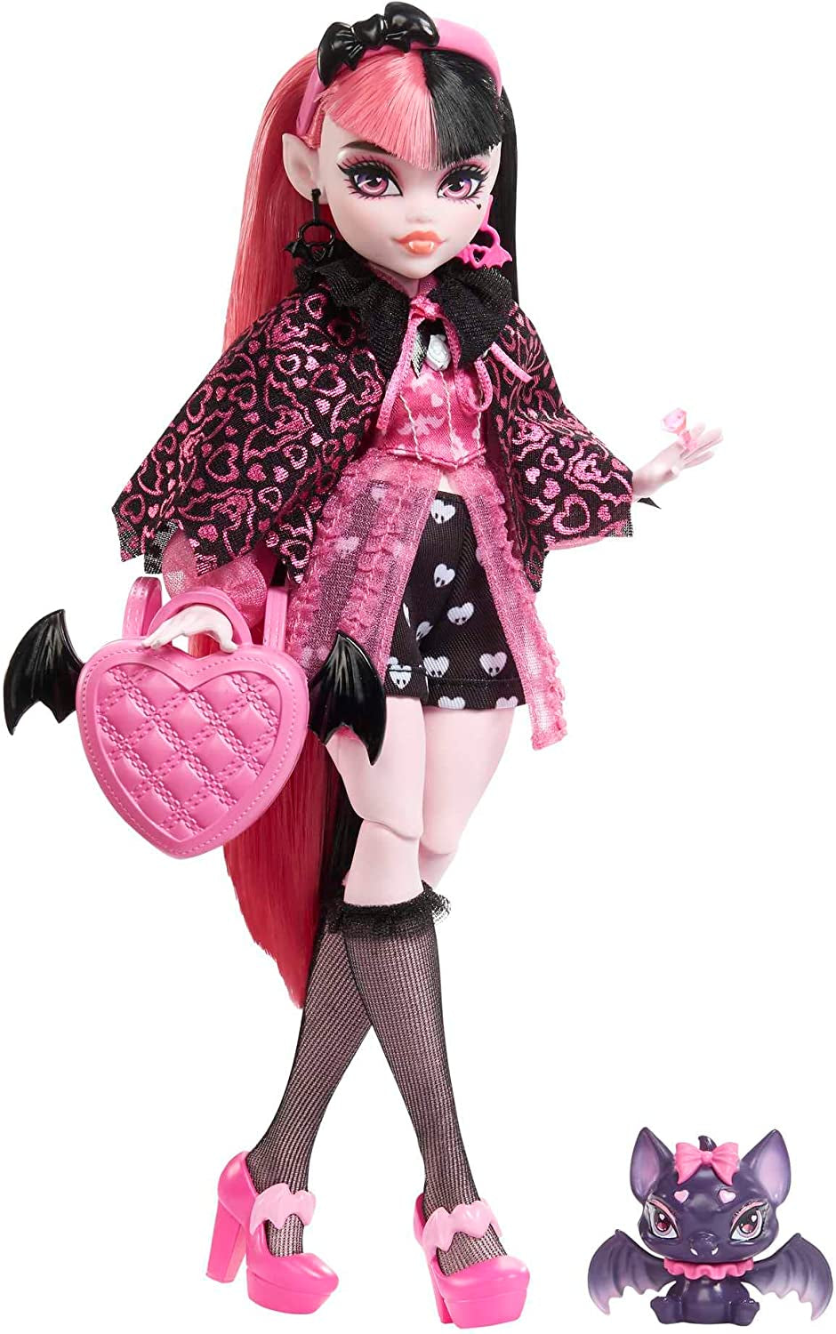 Panenka Monster High Draculaura se svým mazlíčkem Count Fabulous netopýří kočka a doplňky jako batoh, kniha kouzel, bento box a další, HRP64 Naty Shop Dolls Vamp-tastic fashion