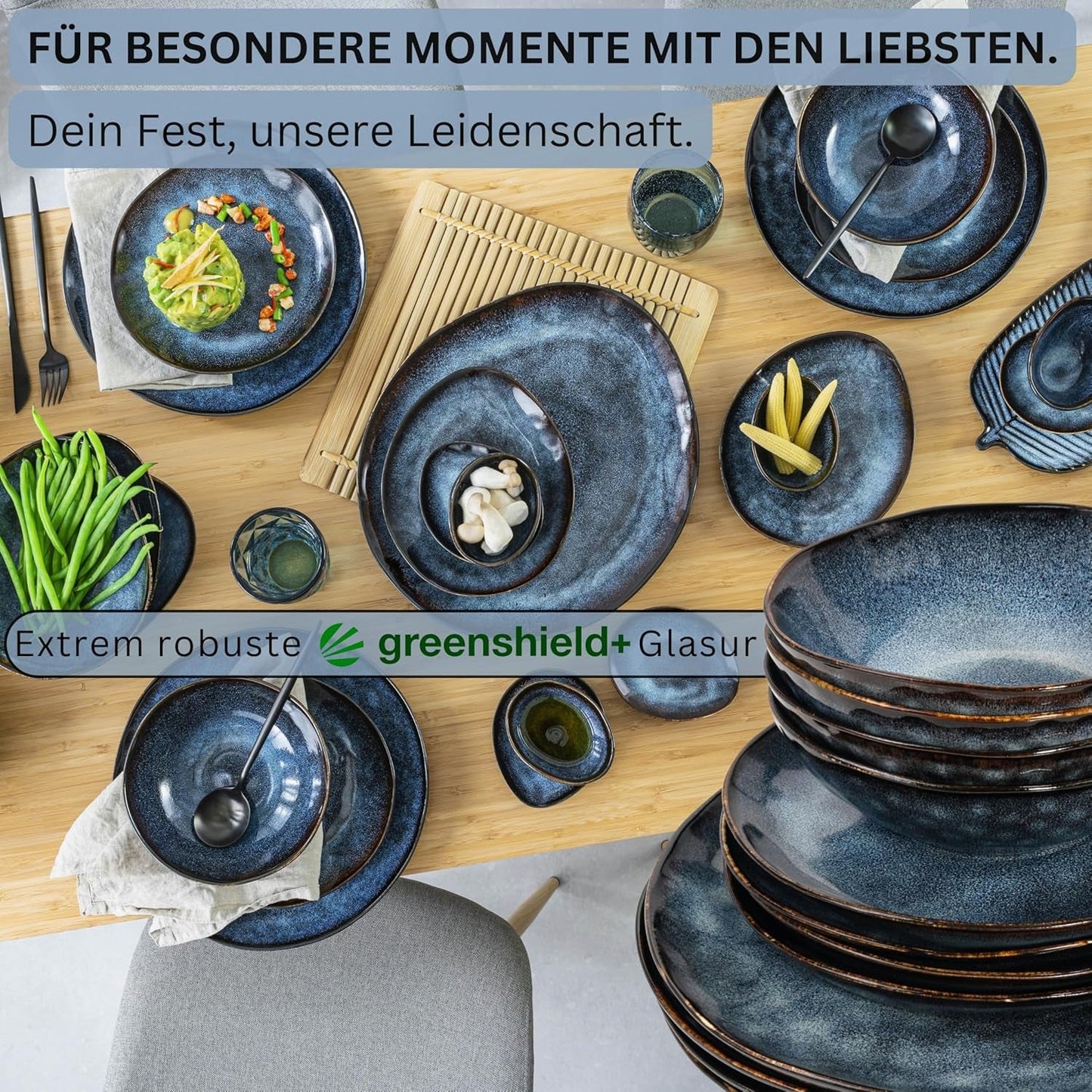 Sänger | Tokyo 36dílná sada porcelánového nádobí Sada porcelánového nádobí pro 12 osob Moderní ručně vyráběné tmavě modré nádobí s černými akcenty | PRÉMIOVÁ KOLEKCE
