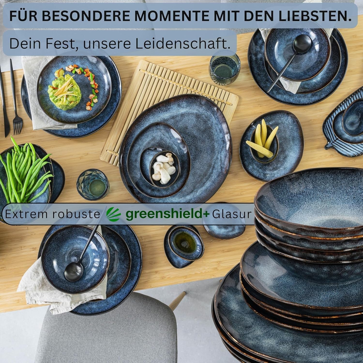 Sänger | Tokyo 36dílná sada porcelánového nádobí Sada porcelánového nádobí pro 12 osob Moderní ručně vyráběné tmavě modré nádobí s černými akcenty | PRÉMIOVÁ KOLEKCE