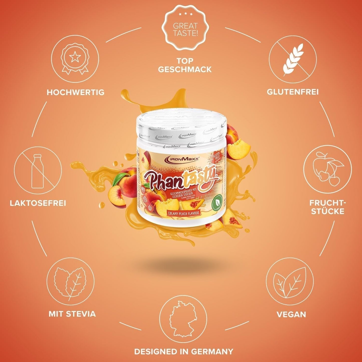 Ironmaxx Phantasty - Creamy Peach 250G Dávka | Vegan Geschmackspulver Mit Echten Frucht- Oder Nussstückchen | Perfekter Zuckerersatz Sweeteners Naty Shop