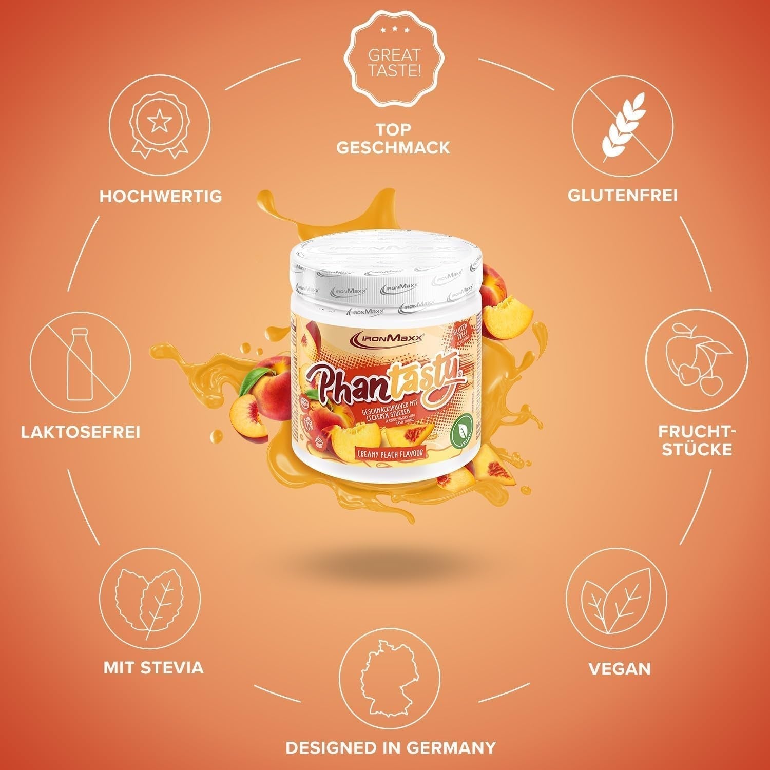 Ironmaxx Phantasty - Creamy Peach 250G Dávka | Vegan Geschmackspulver Mit Echten Frucht- Oder Nussstückchen | Perfekter Zuckerersatz Sweeteners Naty Shop