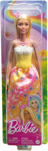 Královská panenka Barbie s efektními vlasy s barevnými pramínky, barevné doplňky, přechodový žlutý top a motýlí sukně, HRR09 Naty Shop Dolls