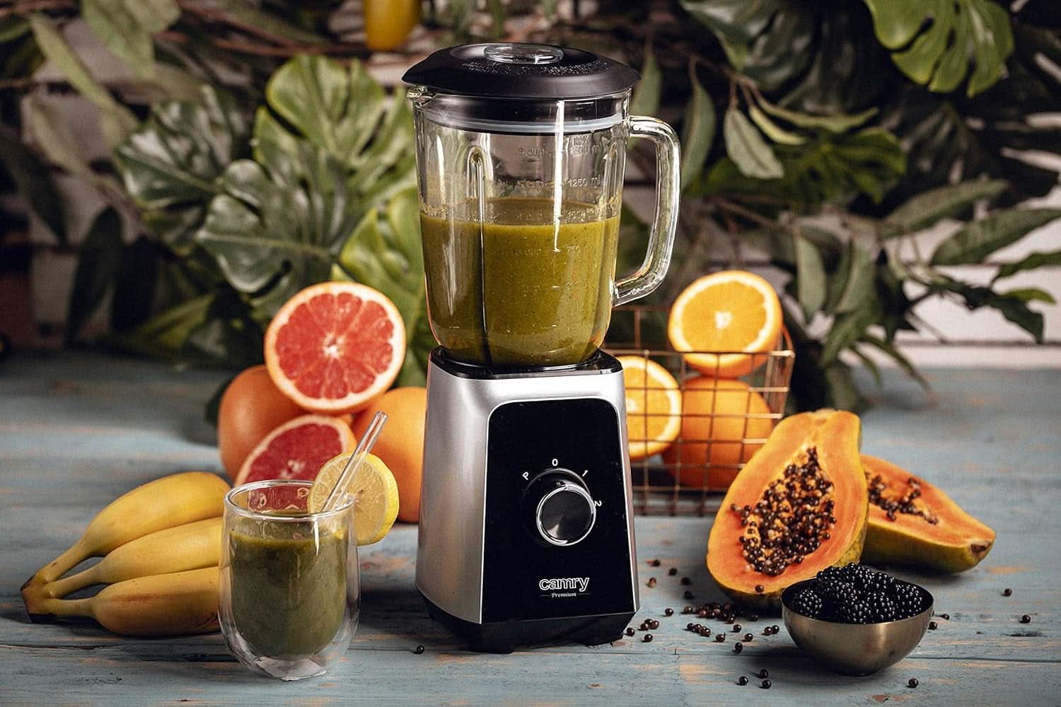 CR 4077 Standmixer Mit 1,5L Glasbehälter, Smoothie Maker, Hochleistungsmixer, Mahlung, Eis-Zerkleinerung, Pulsfunktion, Edelstahlklingen, 2 Geschwindigkeiten, 1000W, Schwarz/Silber Kitchen Naty Shop