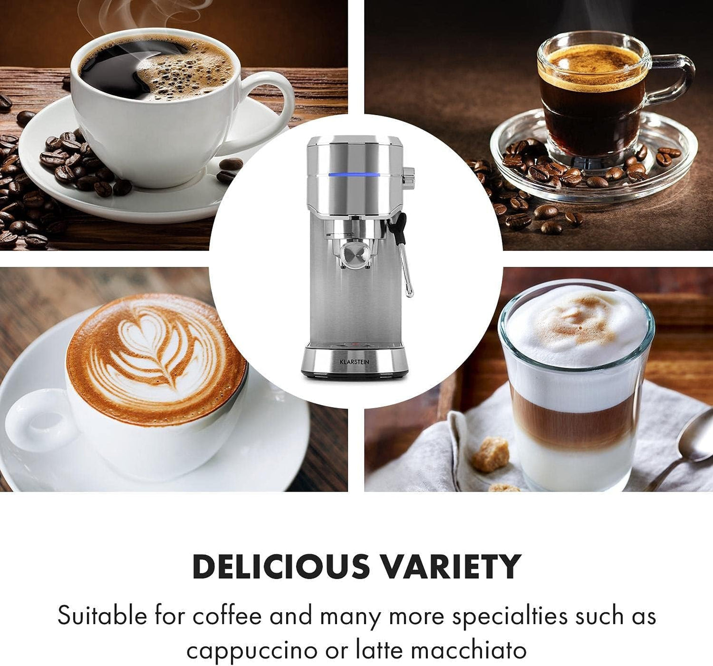 Espresso kávovar Klarstein Futura, Přenosný kávovar na espresso s filtrem, 1450 W, 20 bar, kvalita Barista, dvojitá tryska, zastavení průtoku, přenosný kávovar na espresso s filtrem, funkce napěňovače mléka, stříbrná