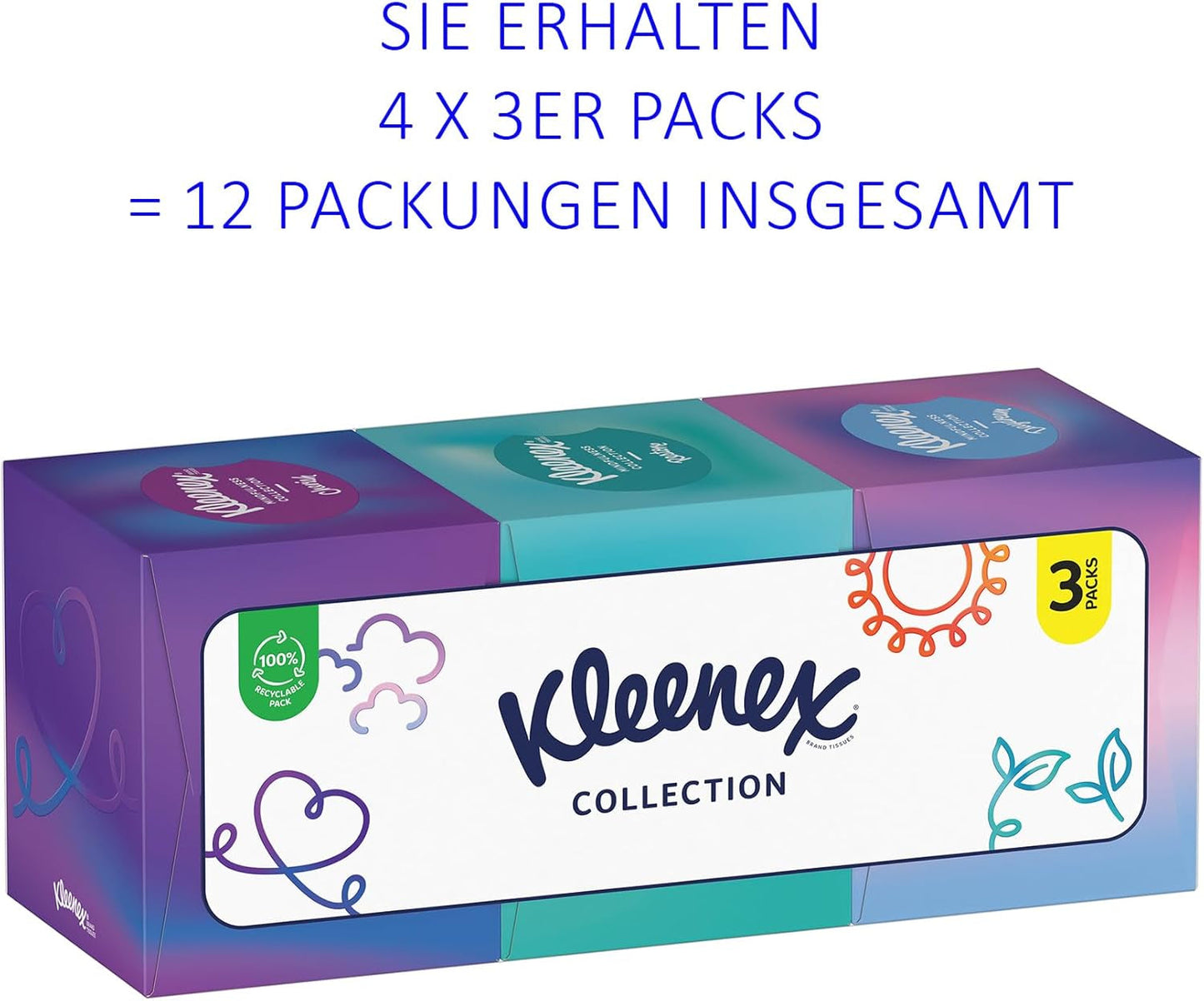 Krabičky na kosmetické ubrousky Kleenex, denní použití, 3 vrstvy, kostka kolekce, 12 x 48 kapesníčků
