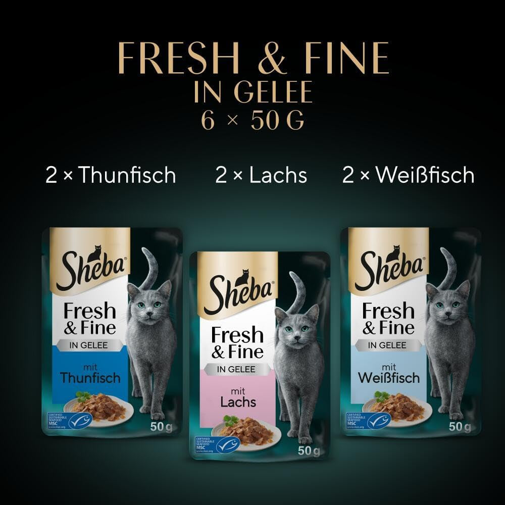 Sheba Portion Pouches Mokré krmivo pro kočky, Multipack Fresh & Fine v želé s MSC tuňákem a lososem, 6x6x50g - Zdravá jídla pro kočky s želé