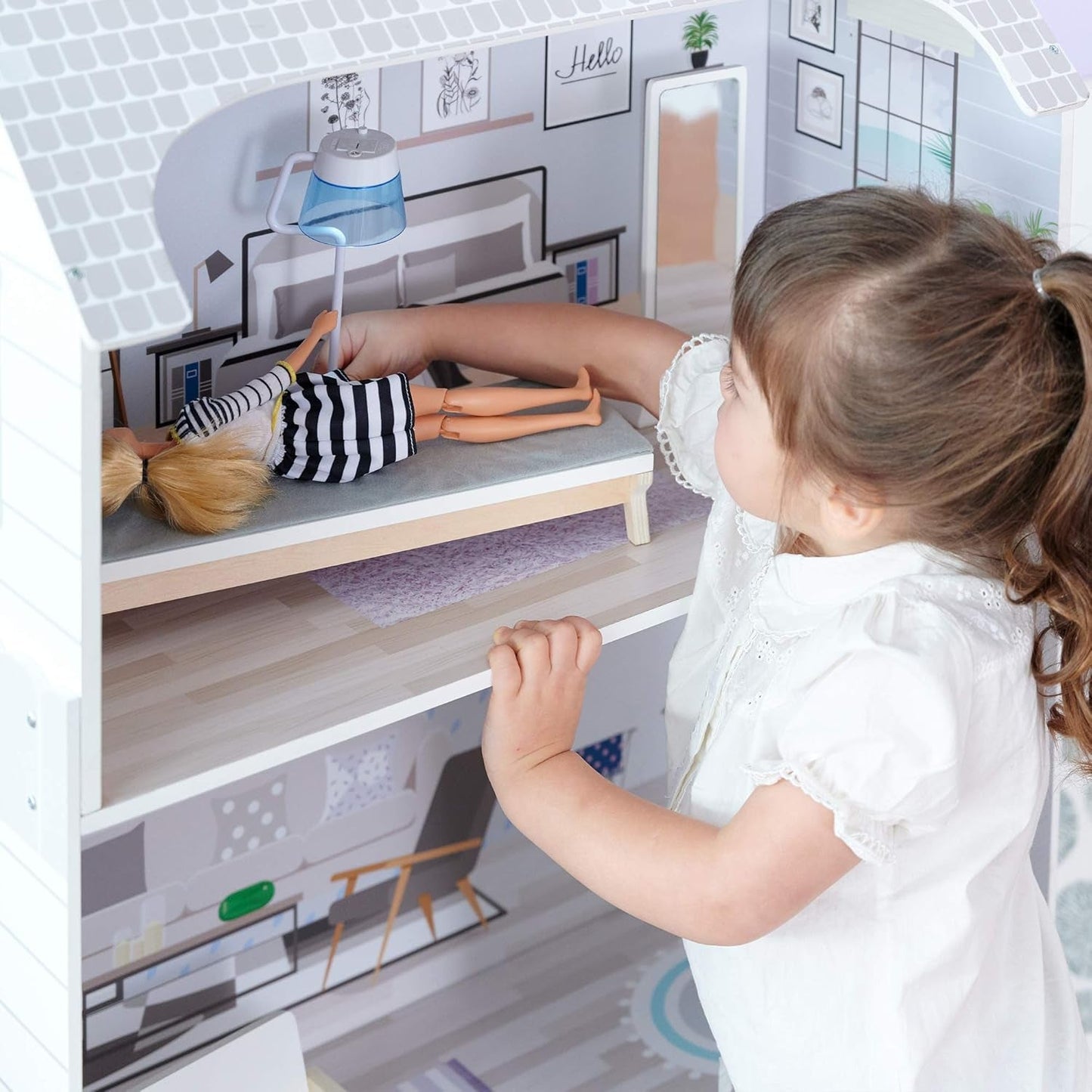 Obří domeček pro panenky Teamson Kids Olivia's Little World s nábytkem a doplňky, dřevěný domeček pro panenky, 3patrová herní sada pro panenky 30 cm, věk 3+