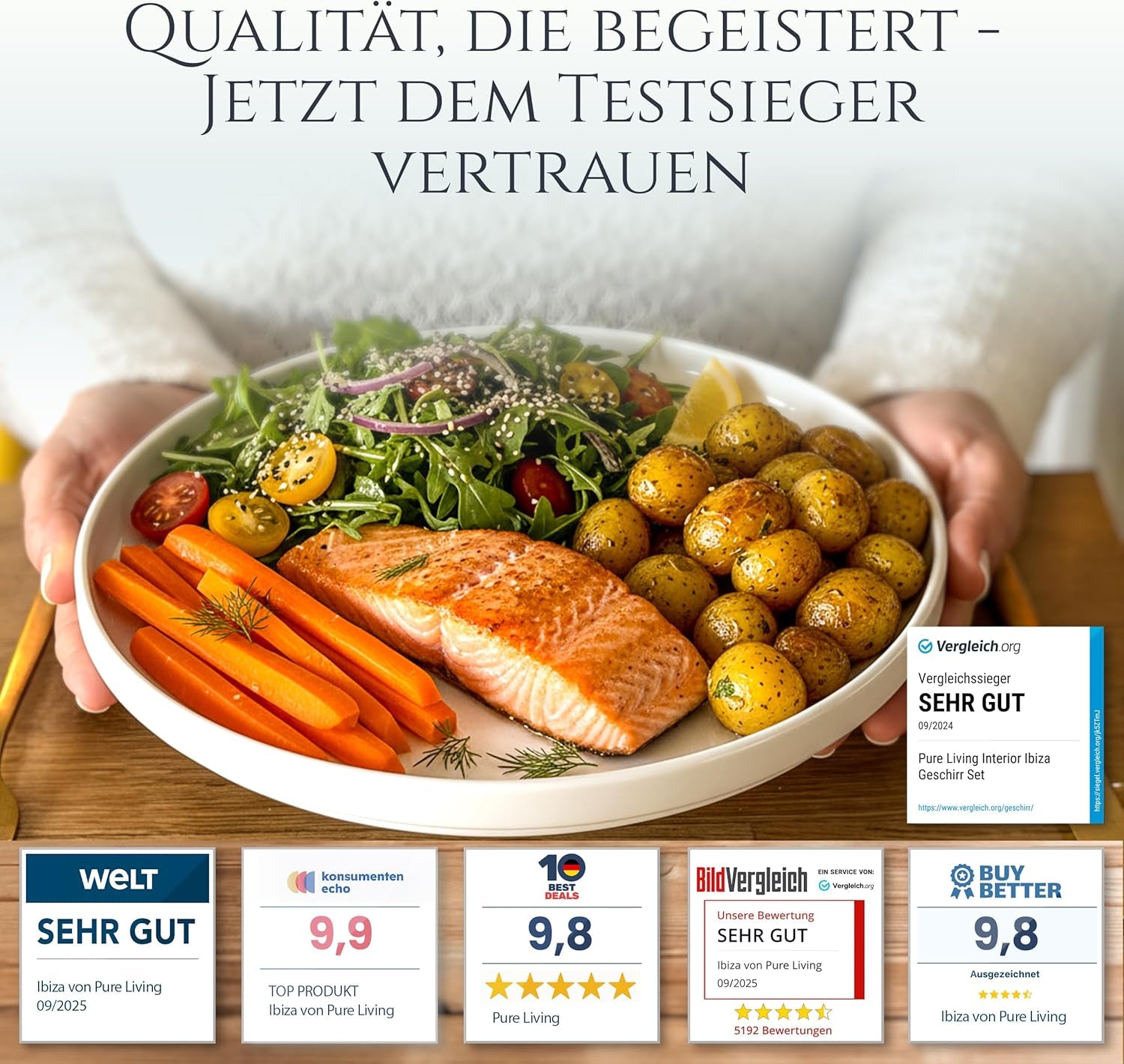 Křišťálová 48dílná porcelánová sada nádobí VÍTĚZ TESTU Čirá sada porcelánového nádobí Mísy a talíře Večerní servis pro 12 sad nádobí Pure Living v bílé barvě
