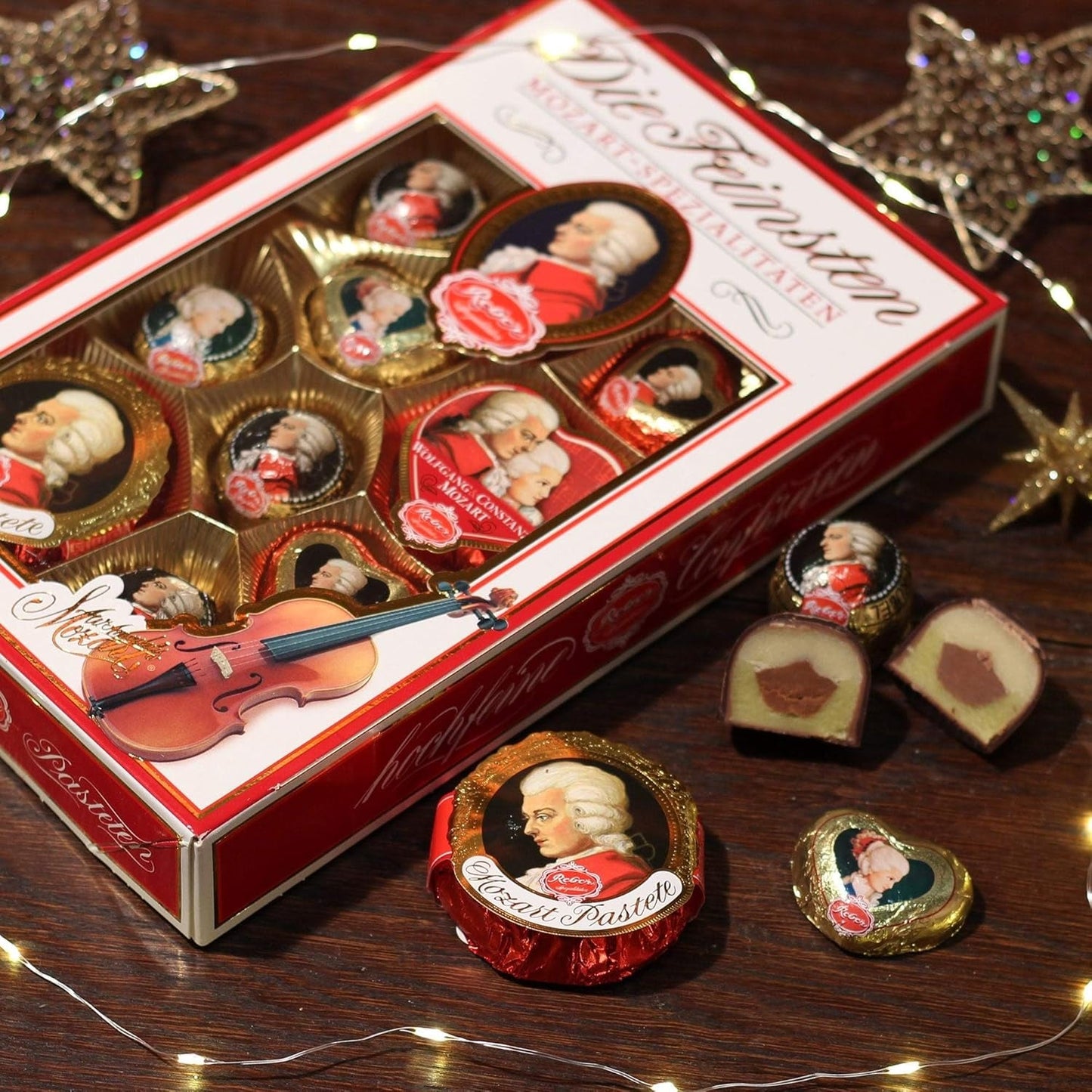 Reber Mozart kuličky s hořkou čokoládou, balení 6 ks s marcipánem a nugátem, veganské - 1 x 120 g