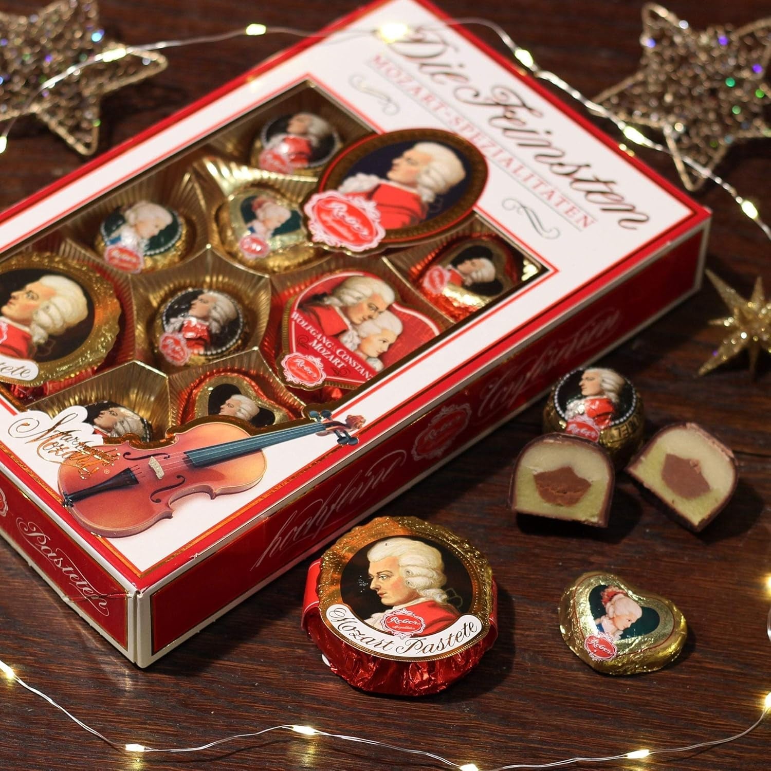 Reber Mozart kuličky s hořkou čokoládou, balení 6 ks s marcipánem a nugátem, veganské - 1 x 120 g