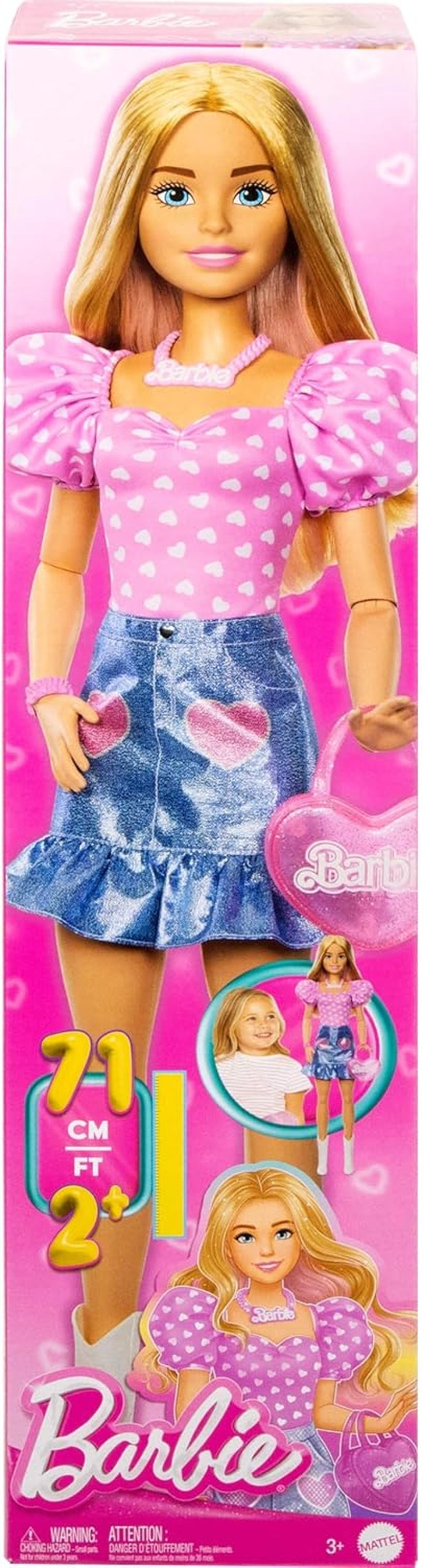 Módní panenka Barbie 71cm blondýnka s odepínacím oblečením Růžová top džínová sukně Kovbojské boty náhrdelník a kabelka HYT84