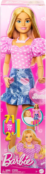 Módní panenka Barbie 71cm blondýnka s odepínacím oblečením Růžová top džínová sukně Kovbojské boty náhrdelník a kabelka HYT84