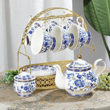 Porcelánová čajová souprava Fanquare Modrý květ s kovovým stojanem Vintage porcelánový šálek na kávu a podšálek Anglická kávová souprava pro dospělé