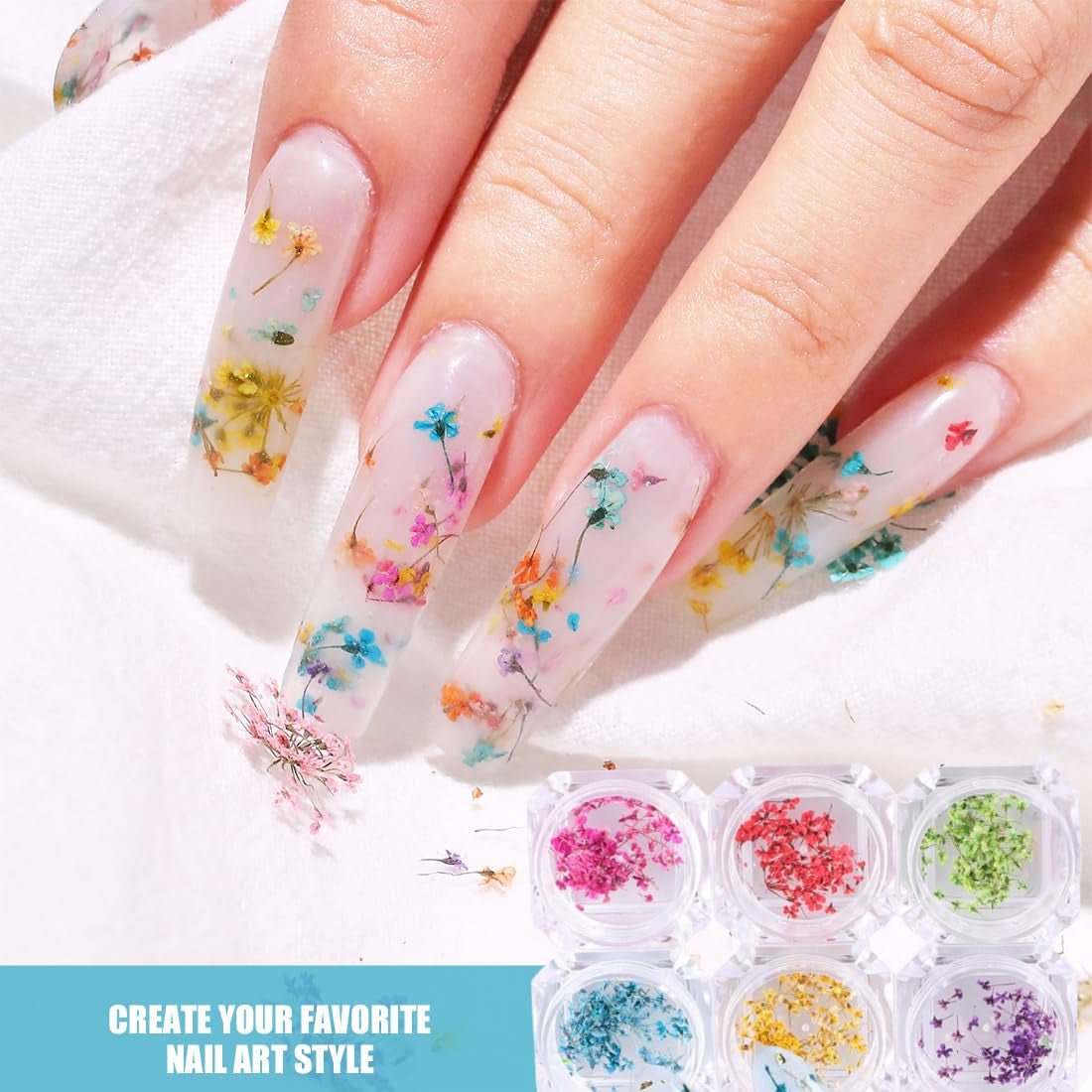 EYVRPAU 6 Stück Nail Art Sada květin Dekorace, Gelnägel Zubehör 6 Farben, Nail Art Aufkleber Trockene Blumen Kit Getrocknete Blumen Zubehör Set DIY Nageldekoration
