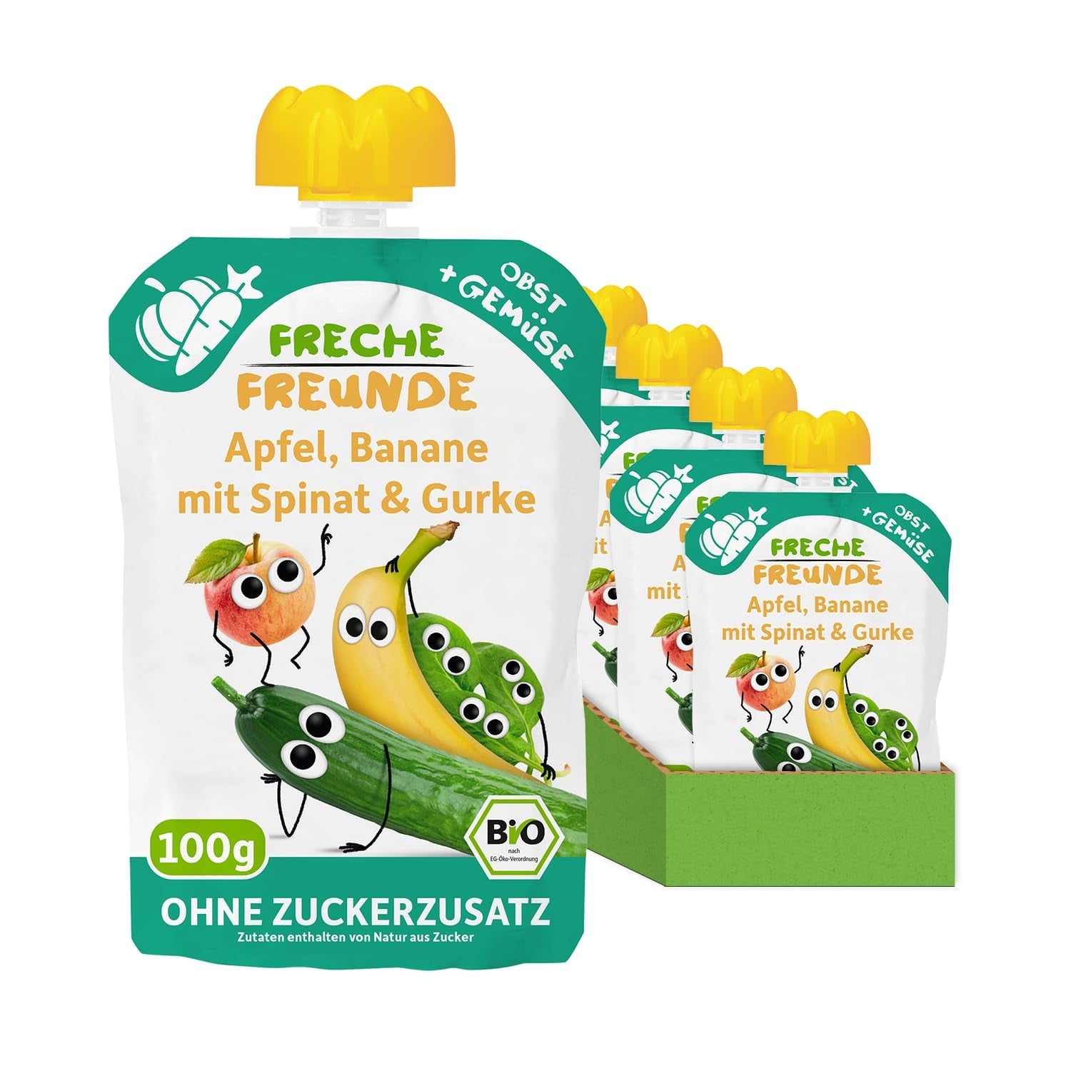 FRECHE FREUNDE Bio lisovatelná ovocná kapsička s jablky, banány, špenátem a okurkou, pyré a zeleninou v lisovatelné kapsičce pro miminka od 6 měsíců, veganská, balení 6 ks (6 x 100 g)