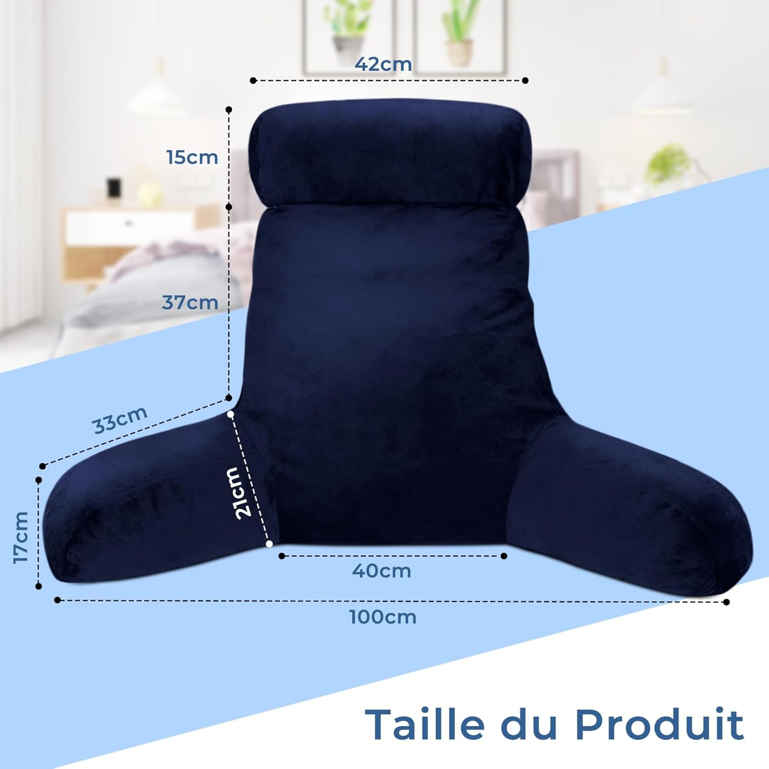 Polštář na čtení INFANZIA s područkami, paměťová pěna, ergonomická podpěra pohovky a postele, tmavě modrá