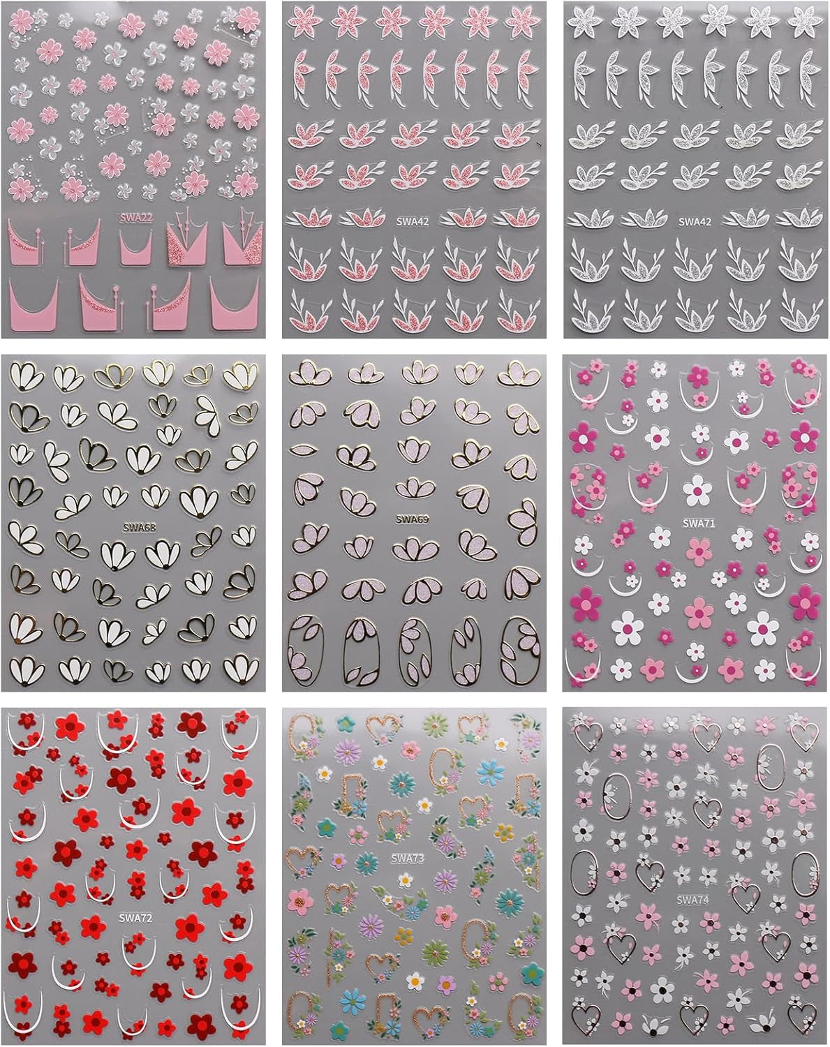 JMEOWIO Nálepka na nehty Blume 9 Blatt Nálepka na nehty Selbtklebend Nagelaufkleber Frühling Letní květinová dekorace Nageldesign Zubehör