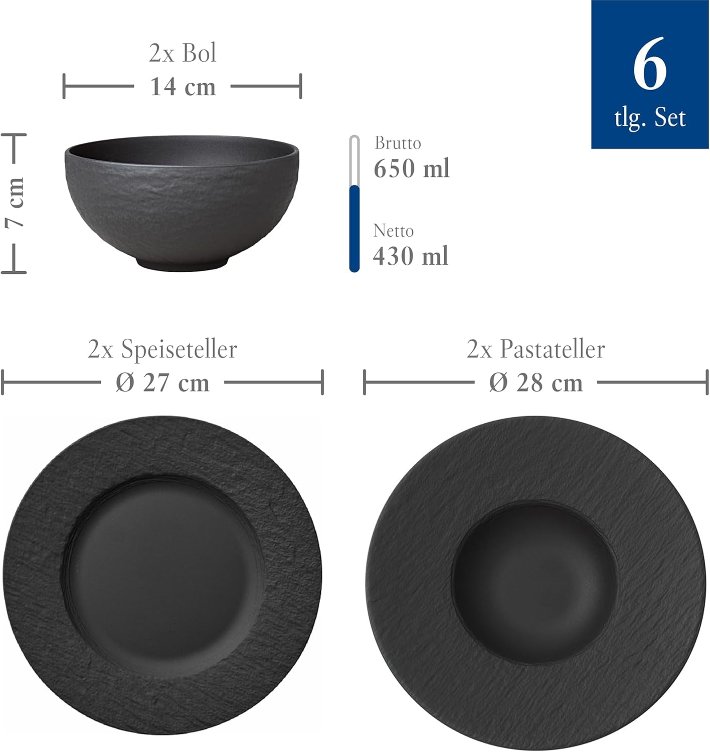Villeroy & Boch Manufacture Rock Starter Set, 6dílná, černá, vhodná do myčky, vhodná do mikrovlnné trouby, matná černá sada nádobí, nádobí, příbory, prémiový porcelán