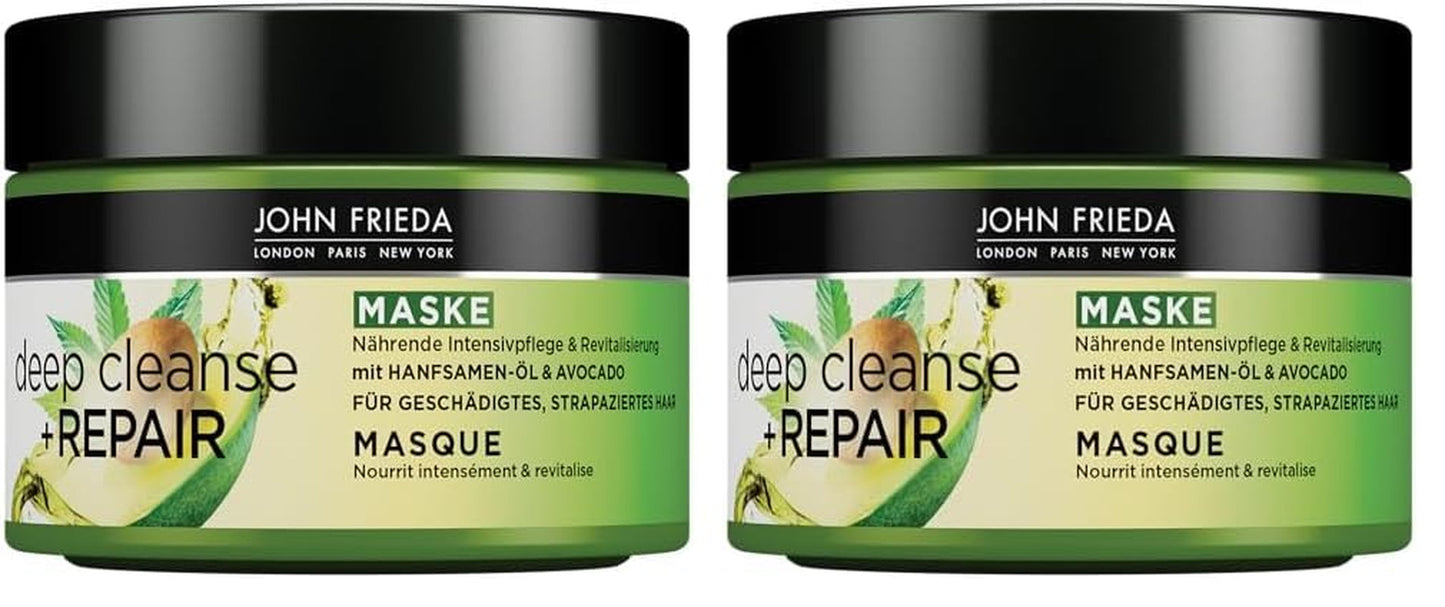 John Frieda - Deep Cleanse & Repair Mask / Treatment - Obsah: 250 ml - S konopným olejem + výživné avokádo - Zklidňující maska na vlasy pro poškozené vlasy Naty Shop maska na vlasy 250 ml (balení 2 ks)