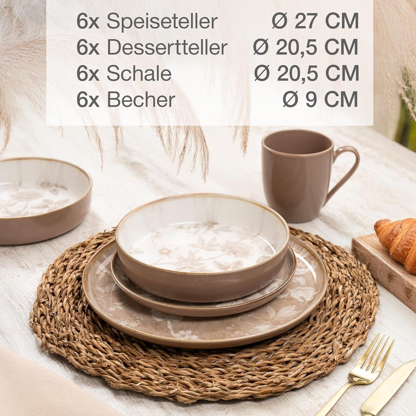 Moritz & Moritz MARIELLA 6místná 24dílná sada kameninového nádobí - Moderní béžové nádobí s hravým designem, kávový servis se snadnou údržbou s talířky, misky a šálky - Kombinovaná sada