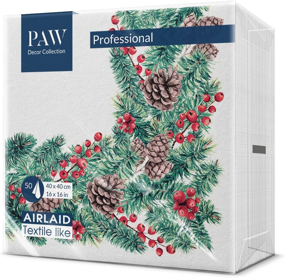 PAW - Airlaid ubrousky (40 X 40 cm) I 50 kusů I Ideální na Vánoce, zimu, svátky I Dekorace na štědrovečerní stůl I Ubrousky podobné Airlaid Větve na zimu I Větve na zimu