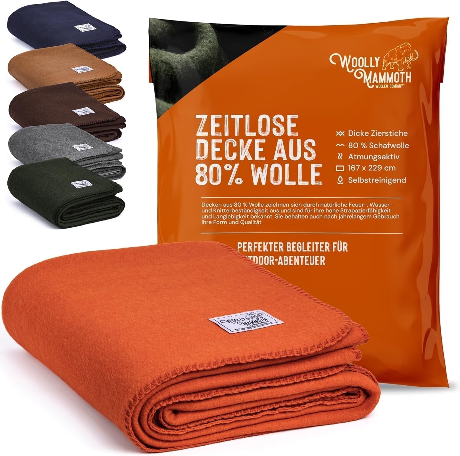Kempingová deka Woolly Mammoth Woolen Co., extra velká, merino vlna, Perfektní outdoorové vybavení pro bushcraft, kempování, trekking, turistiku, přežití nebo chatovou deku. Hnědá, 168 X 228 Woolly Mammoth Woolen Company Orange/Red Evening Cikcak (Sunset Chevron) Postele a přikrývky 66" X 90"