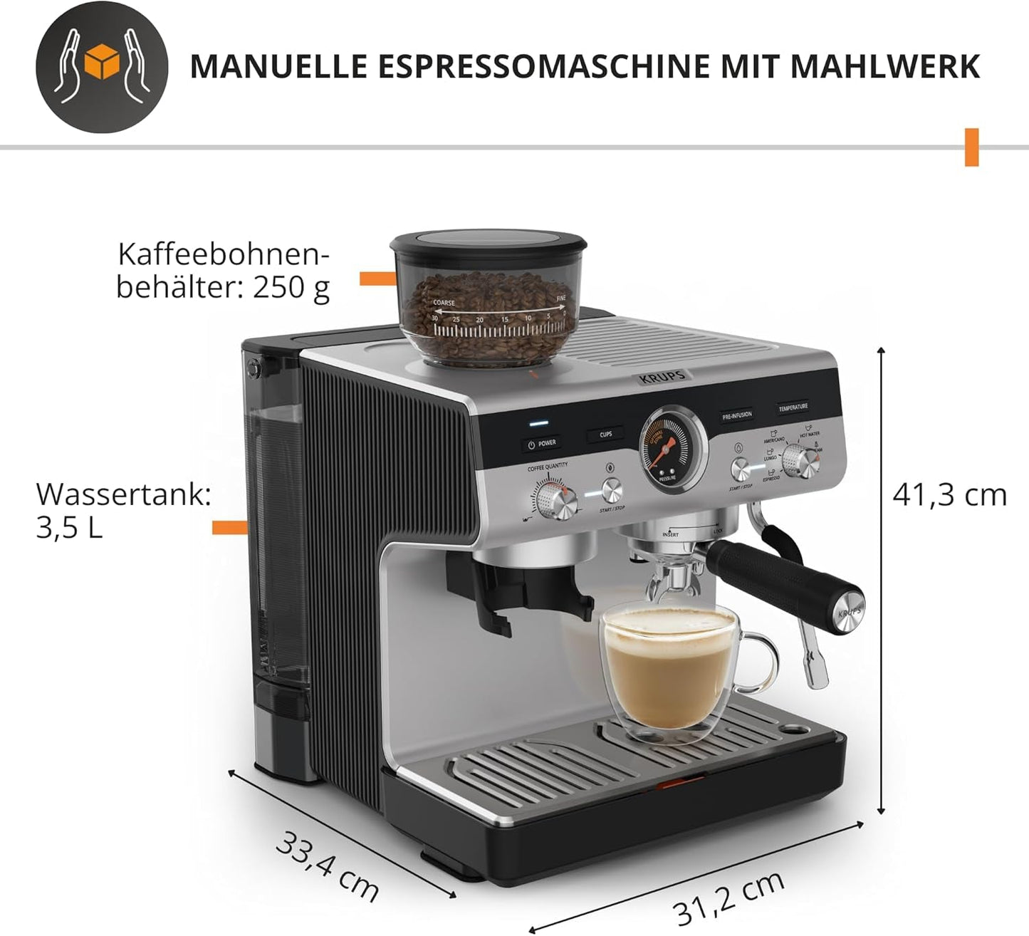 Krups Precision manuální espresso kávovar s portafiltrem a mlýnkem, baristický kávovar s intuitivním ovládacím panelem, nastavení předinfuze, espresso kávovar s parní tryskou, rychlý ohřev, XP801T10