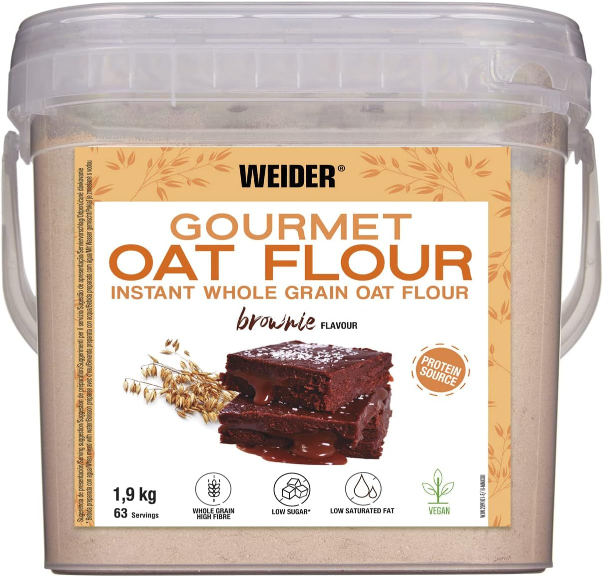 Weider Gourmet Oatmeal (1,9 kg) s příchutí brownie. Celozrnné ovesné vločky. Zdroj bílkovin s nízkým obsahem cukru.