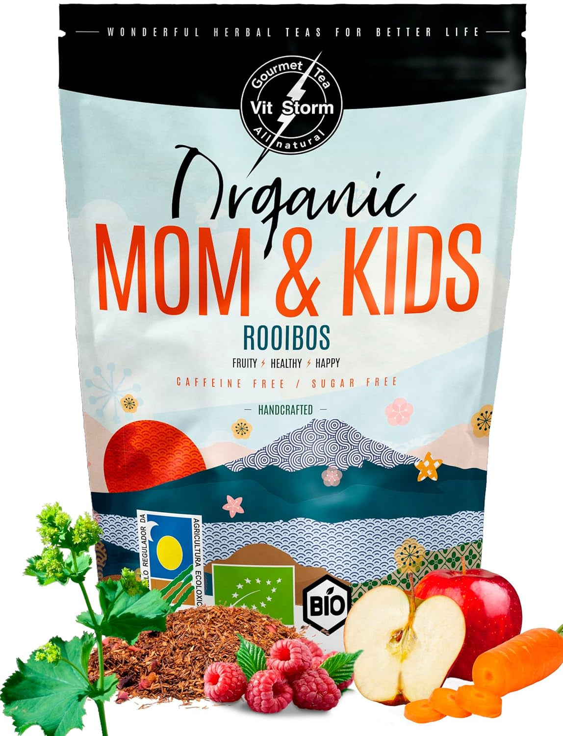 VITSTORM® BIO TEE Mom & Kids - Čaj pro ženy a kojící ženy - Rooibos, jablko, fenykl, meduňka, alchemilka, jahoda - Relaxační čaj - Ovocný a lahodný - Bez kofeinu - Bylinný čaj 100 g
