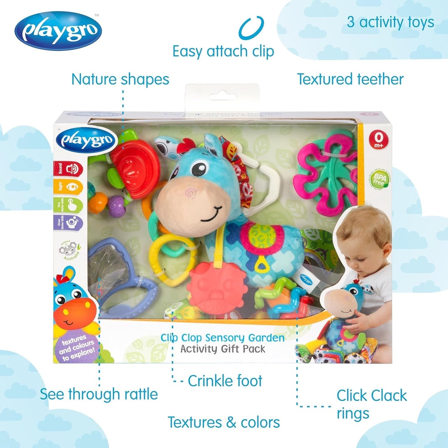 Playgro Clip Clop Dárkový balíček Sensory Garden Activity - Smyslová zahradní hračka pro miminka od 0 měsíců - Interaktivní hračka s chrastítky, kousátkem a kamarádem do kočárku - 4 kusy