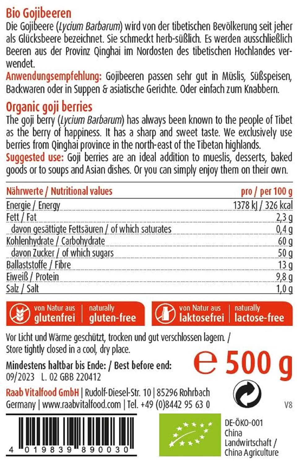 Raab Vitalfood Organic Goji Berries, prémiová kvalita, 500 gramů sušených produktů Naty Shop