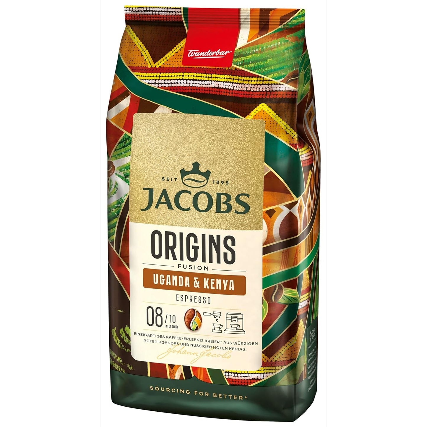 Zrnková káva Jacobs Origins Uganda a Keňa, plné espresso s kořenitým tónem, síla 8/10, celá zrnková káva, 1 kg