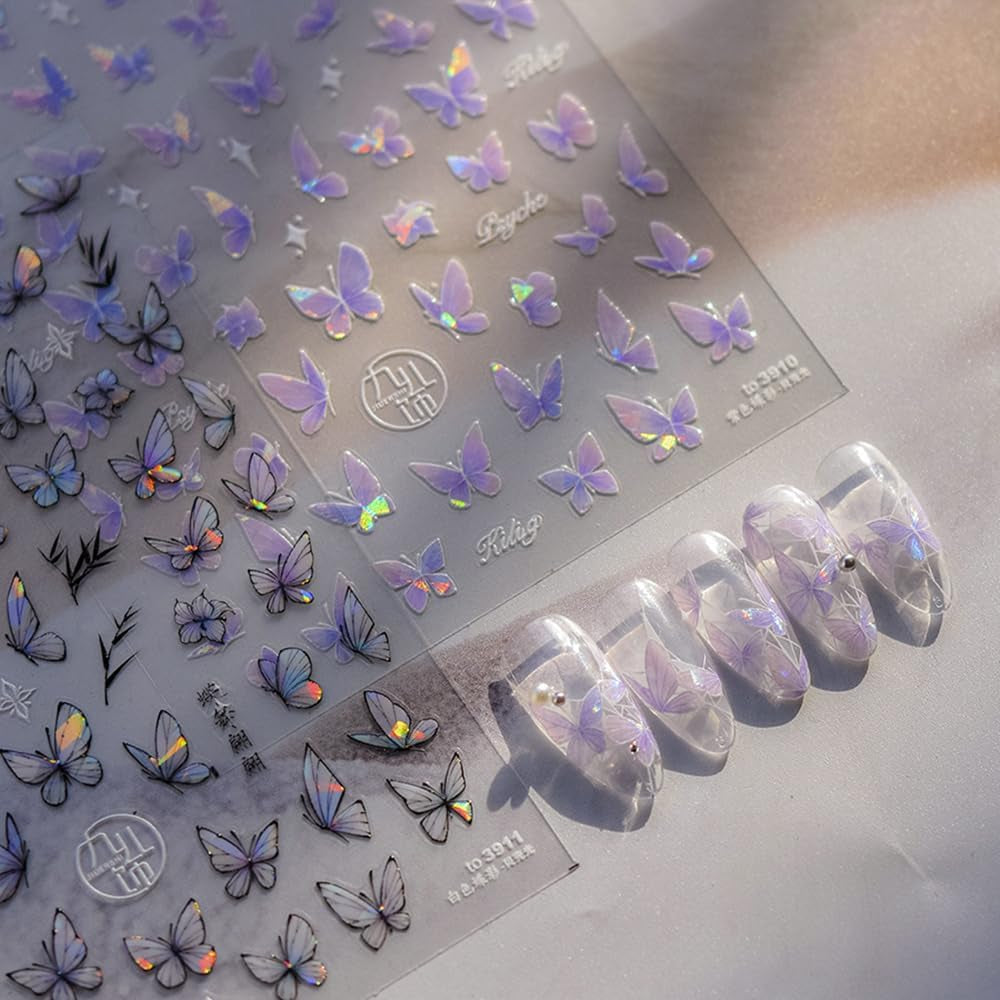 2 Blätter Schmetterling Nálepka na nehty Selbstklebend,Muschel Glitzer Nálepka na nehty Butterfly Lila Grau Schmetterlinge Nagelaufkleber Reliéf Laser Butterflies Nálepka na nehty Nageldesign Zubehör
