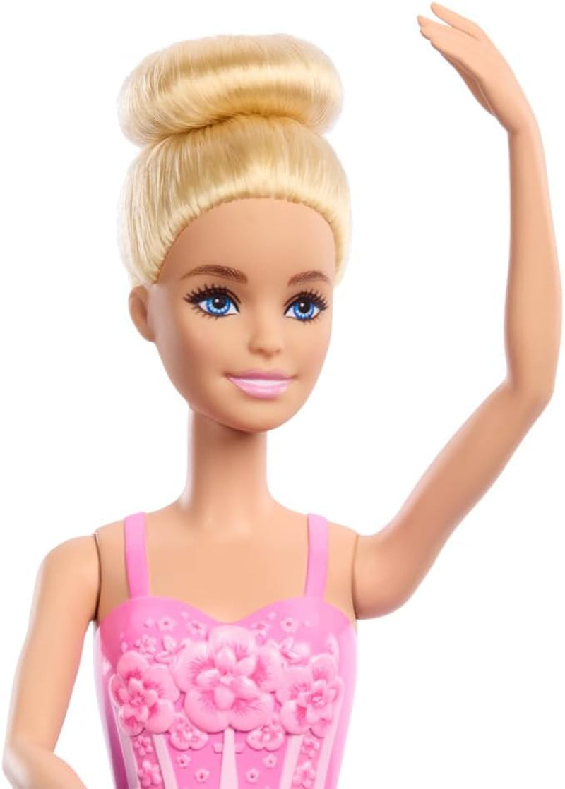 Panenka Barbie Ballerina Módní blonďatá panenka v odnímatelných lila Tutu s baletními pažemi a špičatými botami HRG34