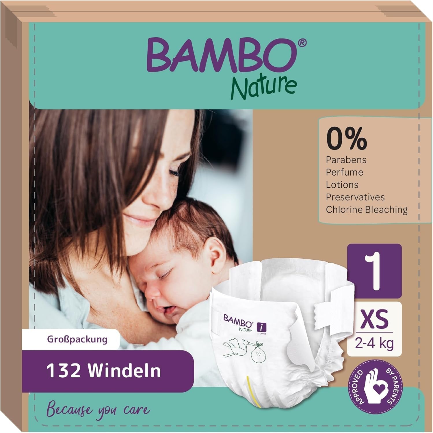 Dětské plenky Bambo Nature, velikost 1 (2-4 kg), 132 Count Moon Box | Prémiové plenky s vylepšenou ochranou proti protečení | Maximální pohodlí a svoboda pro novorozence | Dermatologicky testované plenky