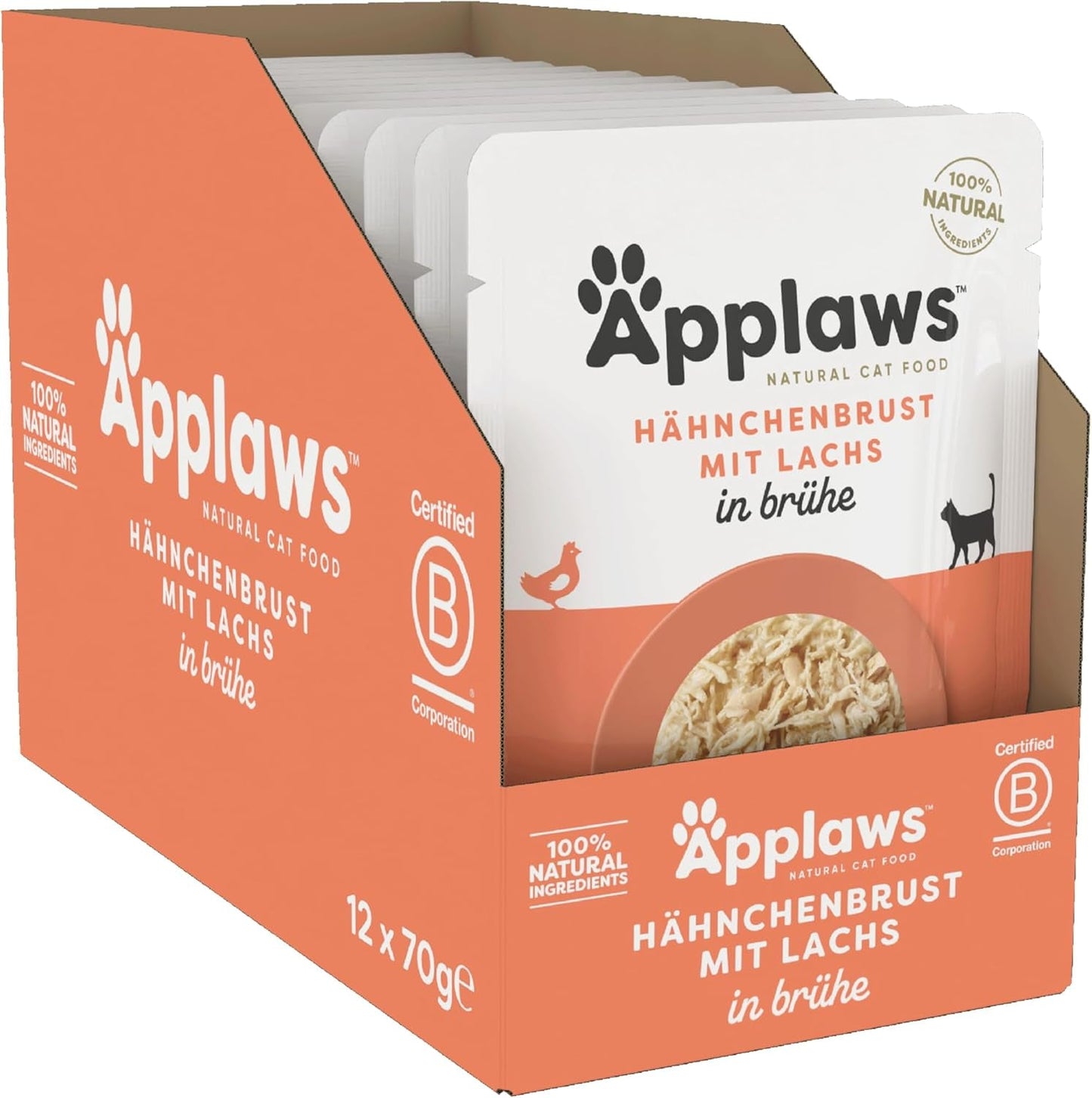Applaws 100% přírodní mokré krmivo pro kočky, kuřecí prsa s lososem ve vývaru - balení 12 sáčků po 70 g