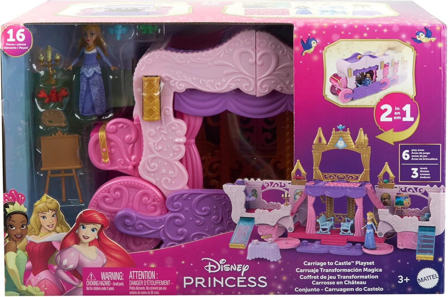 Mattel Disney Princess Transformační herní sada Kočár do hradu s panenkou Aurora, 3 úrovně, 6 herních oblastí, 4 figurky, nábytek a doplňky HWX17 Naty Shop Dolls