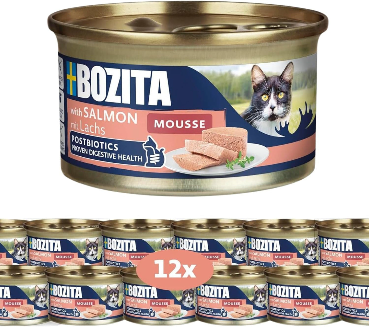 Bozita Mousse MSC Losos - 12 x 85 g vlhké krmivo pro kočky s jemnou texturou pěny a lososa - receptura bez obilovin, bez přidaného cukru a barviv - s postbiotiky pro podporu střevní flóry