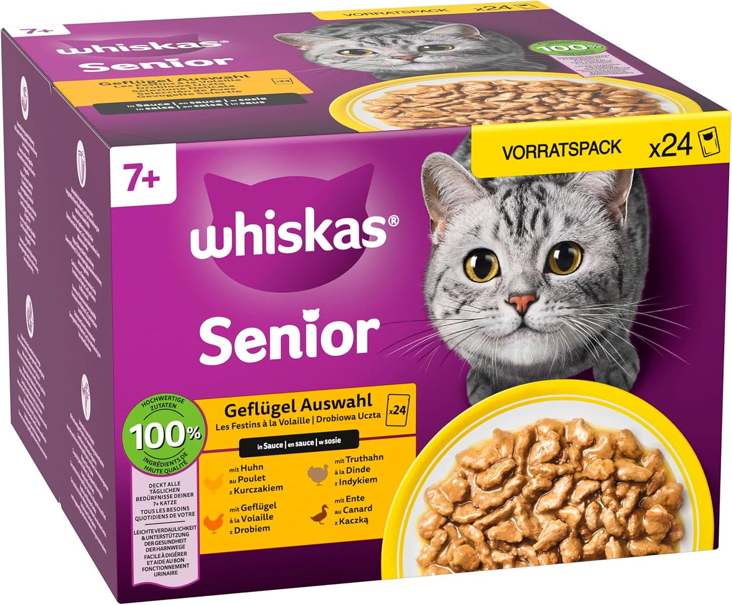 Whiskas 7+ Mokré krmivo pro kočky Výběr z drůbeže v omáčce 24 x 85 g (2 balení) - Vysoce kvalitní mokré krmivo od 7 let ve 48 porcích