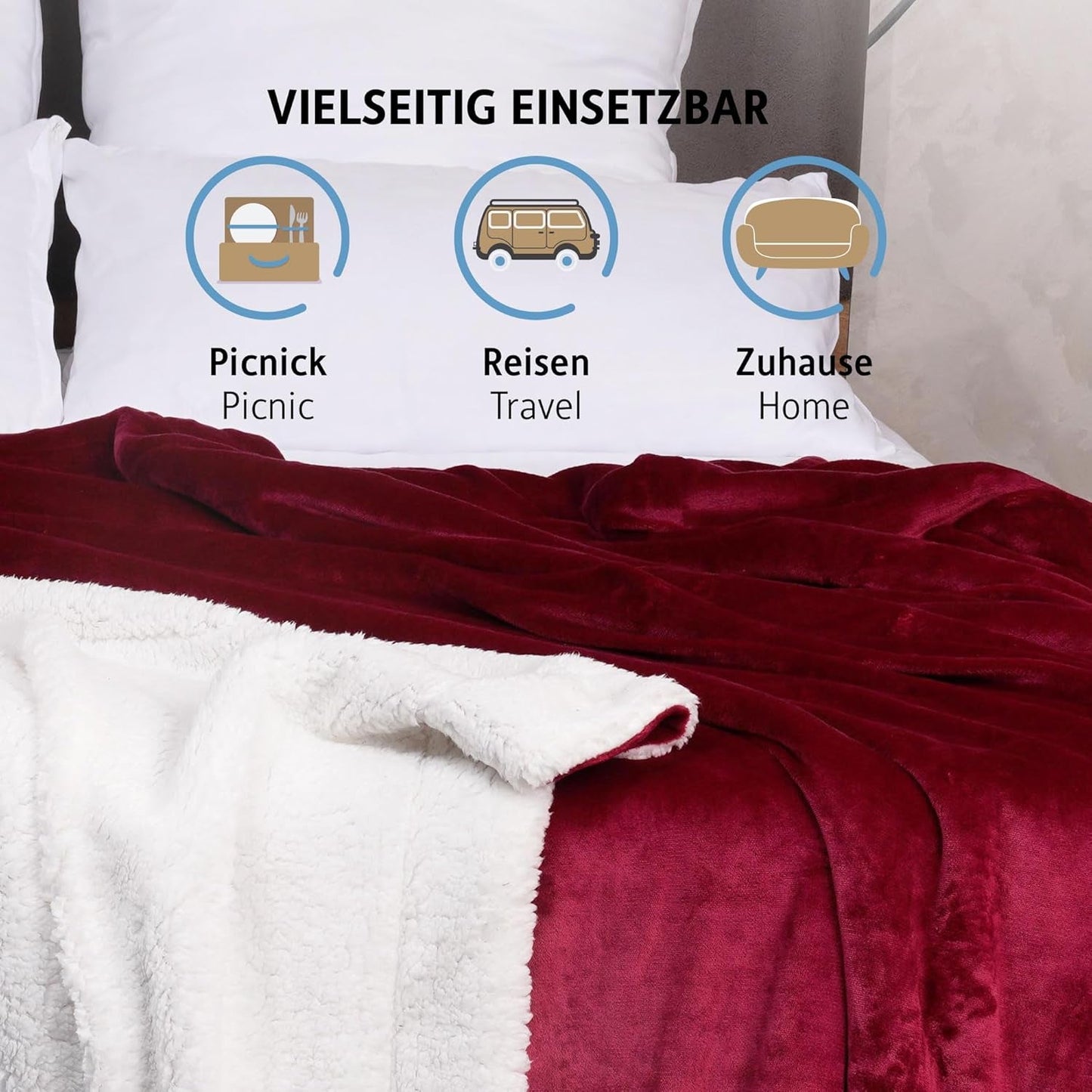 Komfortec útulná deka 150X200 Cm, Öko-Tex certifikovaná chlupatá deka, hřejivá sherpa deka na pohovku, silná deka na pohovku, vínová Postele a přikrývky Besuche den Komfortec-Store