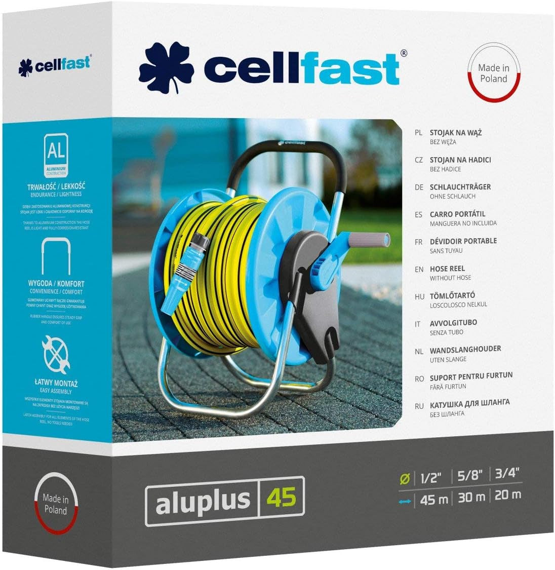 CELLFAST naviják na hadici, naviják zahradní hadice odolný proti korozi, zabraňuje ohýbání hadice, 1/2" 45m Aluplus