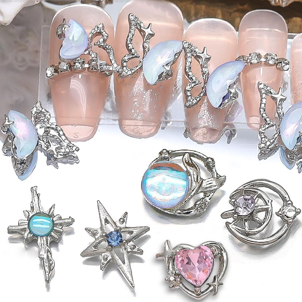 16 Stile Luxus Mond Stern Nagel Charms 3D Nail Charms Y2K Legierung Strasssteine ​​​​Bogen Schmetterling Nagel Schmuck Metall Nail Art Charms Nägel Glitzersteine ​​​​Nailart Rhinestones Nageldesign Zubehör