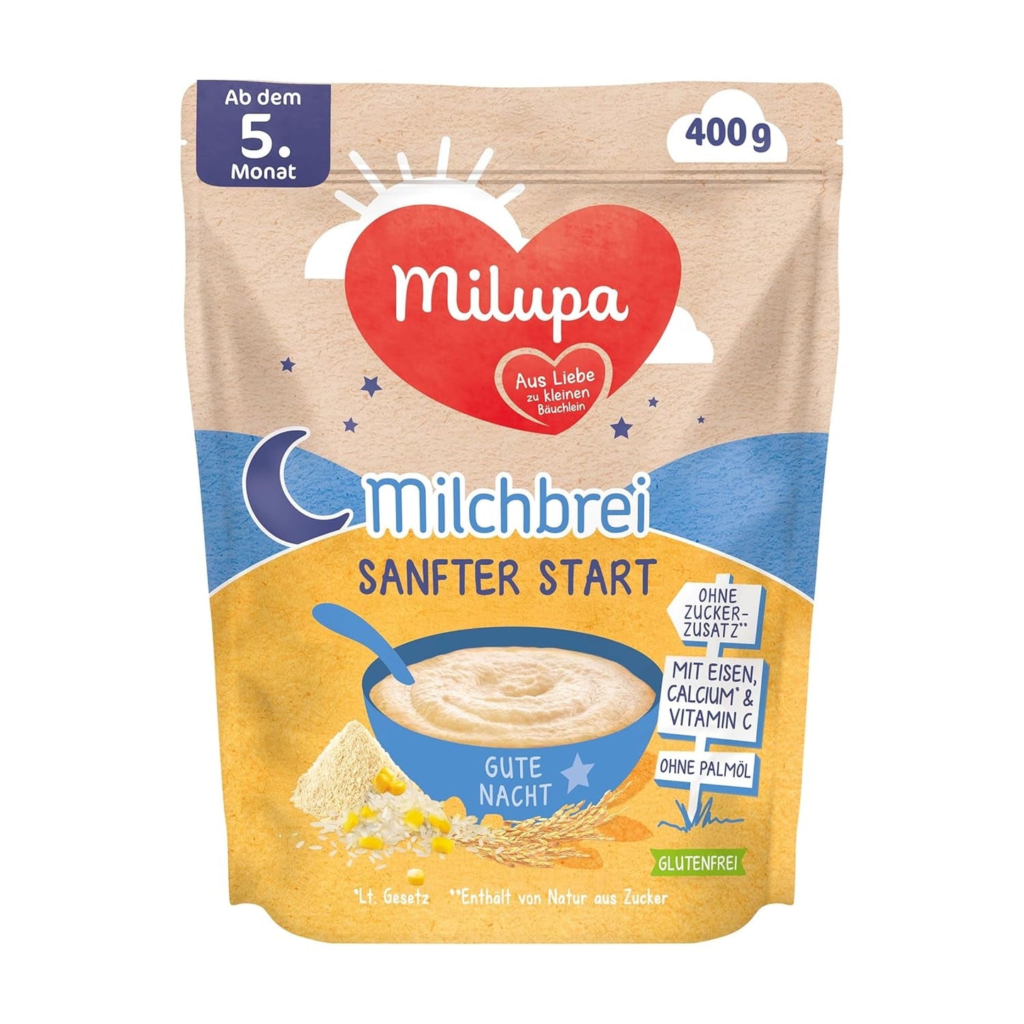 Mléčná kaše Milupa Gentle Start - Cereálie pro kojence bez lepku, bez palmového oleje - Bez konzervantů a barviv - Od 5 měsíců - 4 x 400 g
