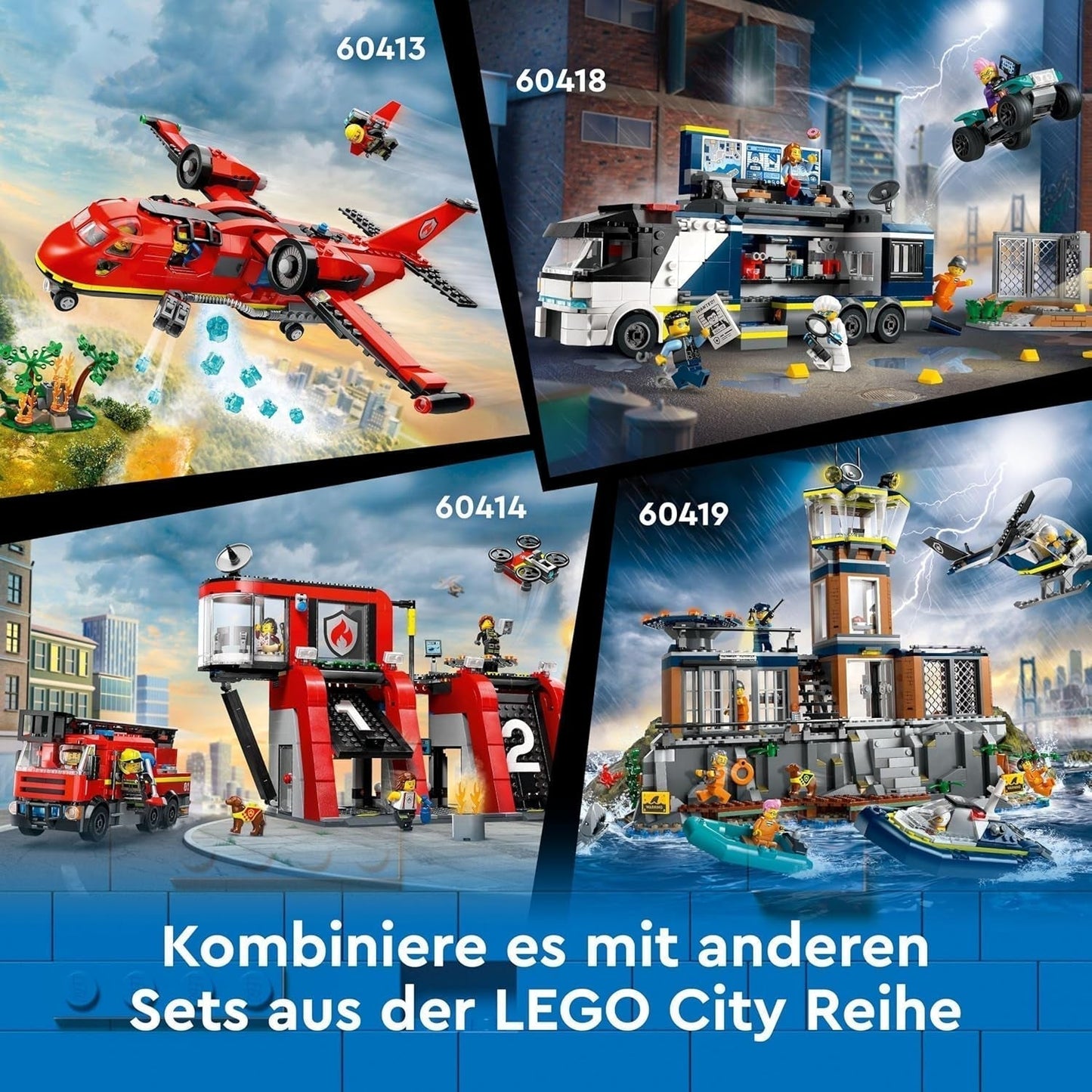 Policejní náklaďák LEGO City s laboratoří, policejní čtyřkolkou a náklaďákem pro děti, dárek pro chlapce a dívky od 7 let, navíc 5 minifigurek – 2 policisté, 1 vědec a 2 podvodníci 60418 Stavebnice Beuche den LEGO-Store