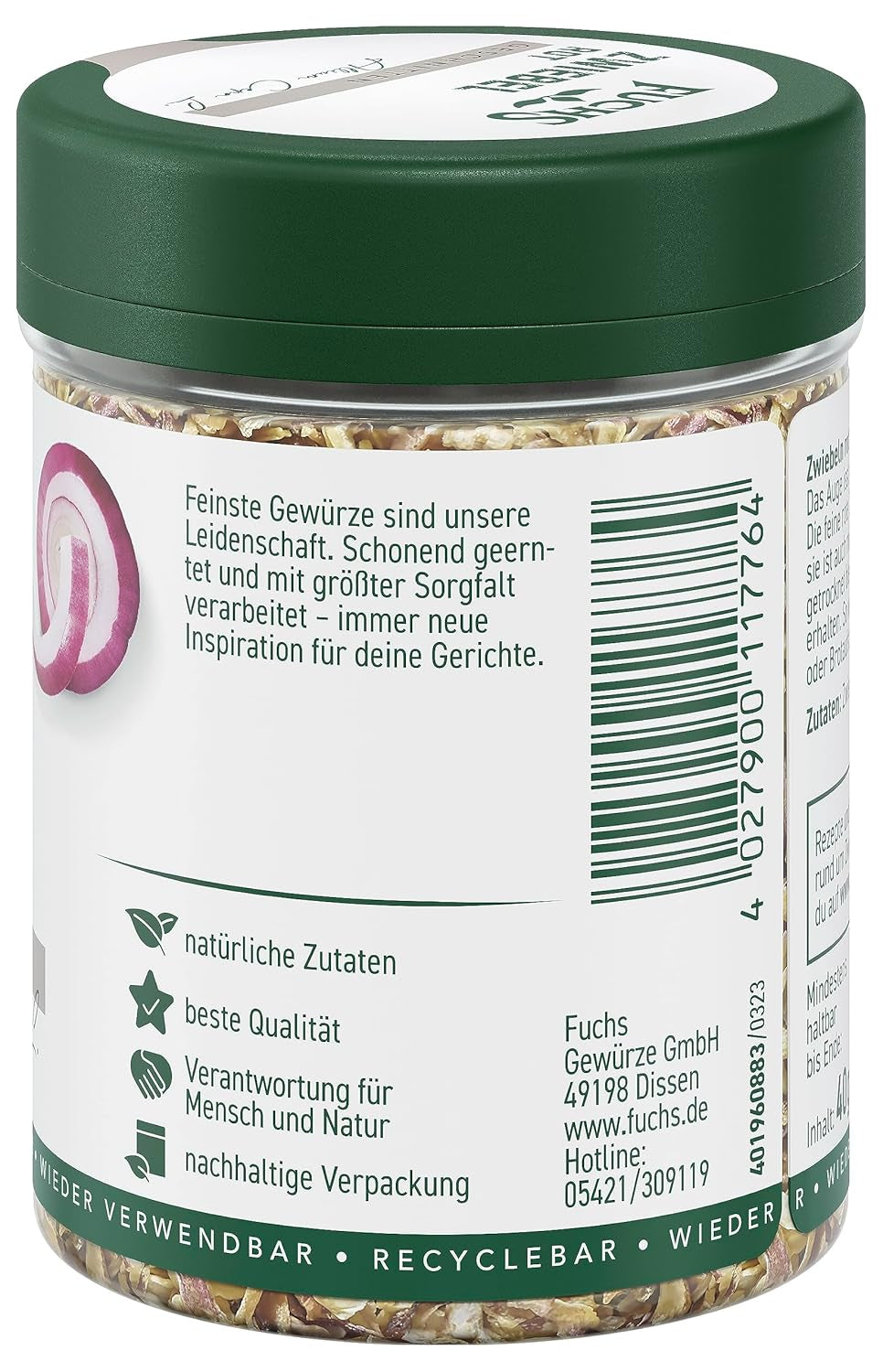 Fuchs Gewürze - Zwiebel rot geschnitten - Gewürz für Pürees, Salát oder Brotaufstriche - přírodní ingredience - 40 g v wiederverwendbarer, recyclebarer Dávka