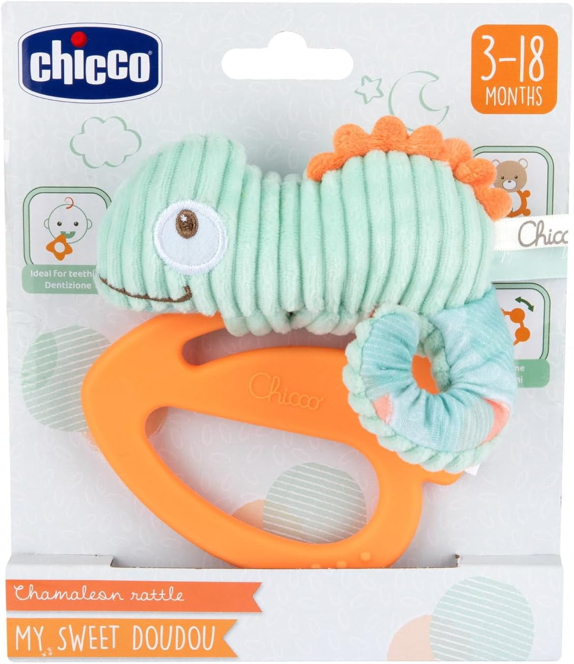 Hračka Chicco My Sweet Doudou Chameleon vyrobená z vysoce kvalitní látky Měkký plastový kroužek Uklidňující kousátka Hračka pro miminka 3-18 měsíců Hračky pro miminka Naty Shop