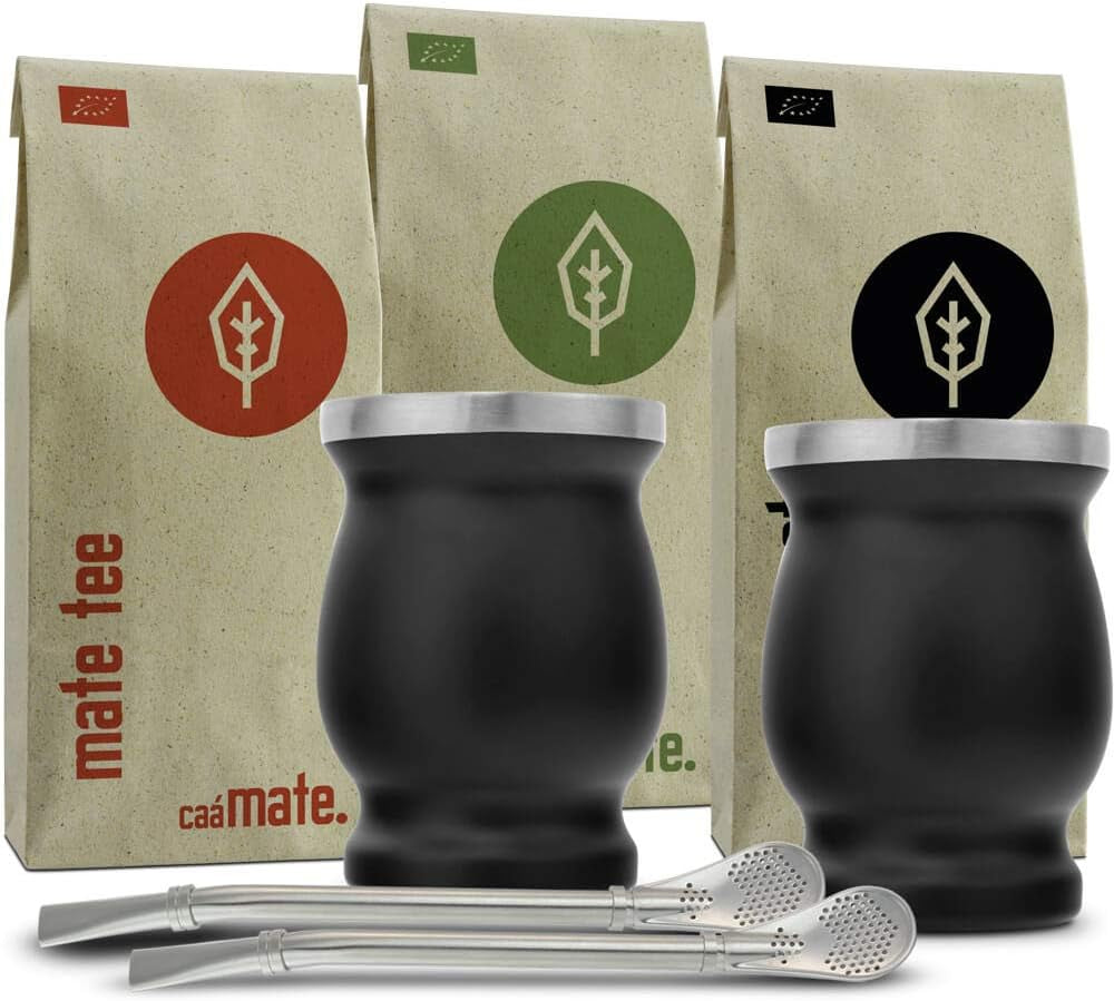 Bio čajová sada Mate ● 3 sortimenty Mate + 2 dvoustěnné šálky Mate z nerezové oceli + 2 bombillas + Návod na vaření (černý)