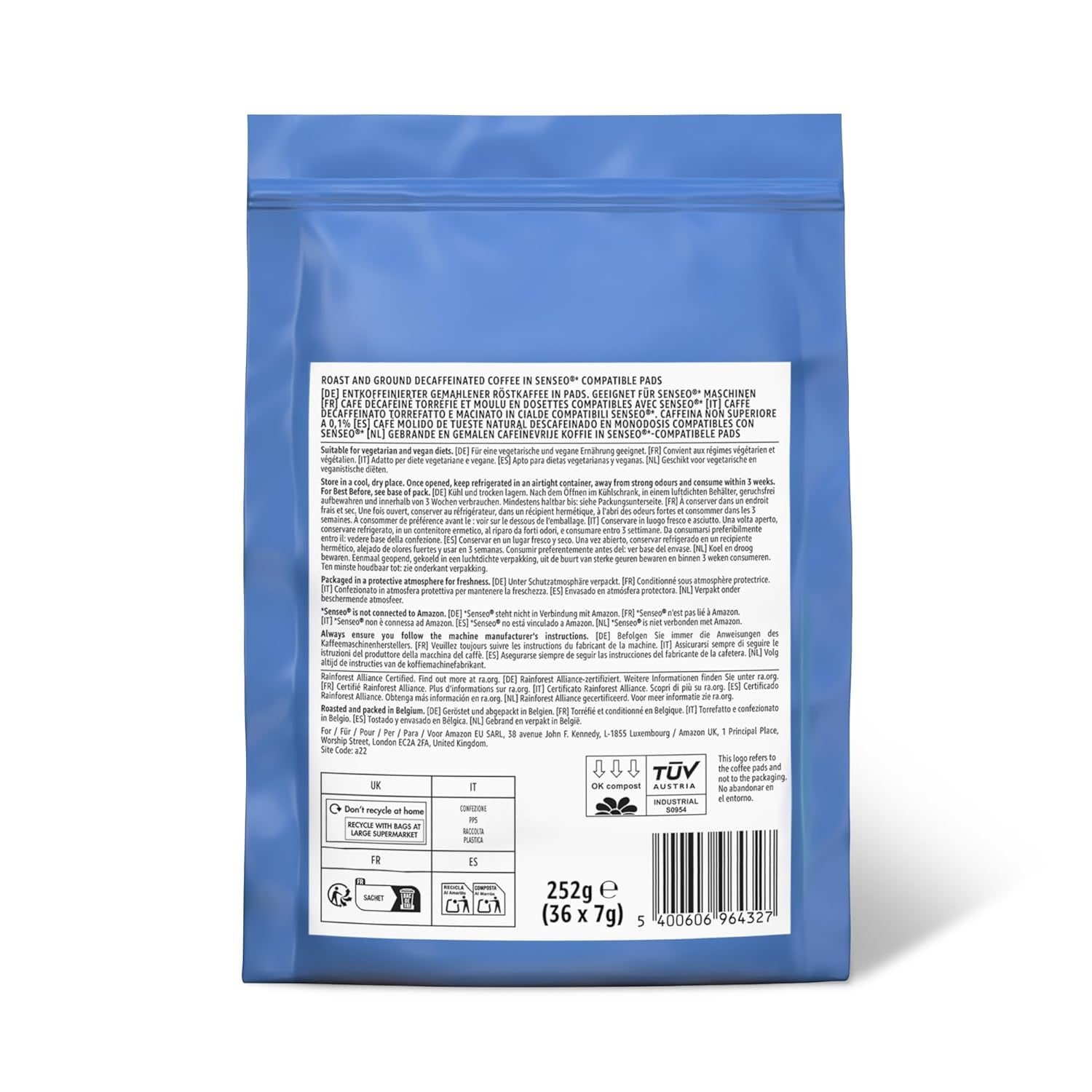 Kaffeepads Decaf 100% Arabica, Geeignet für Senseo Maschinen, 36 kusů (1er-Pack) (Backung mit 2)