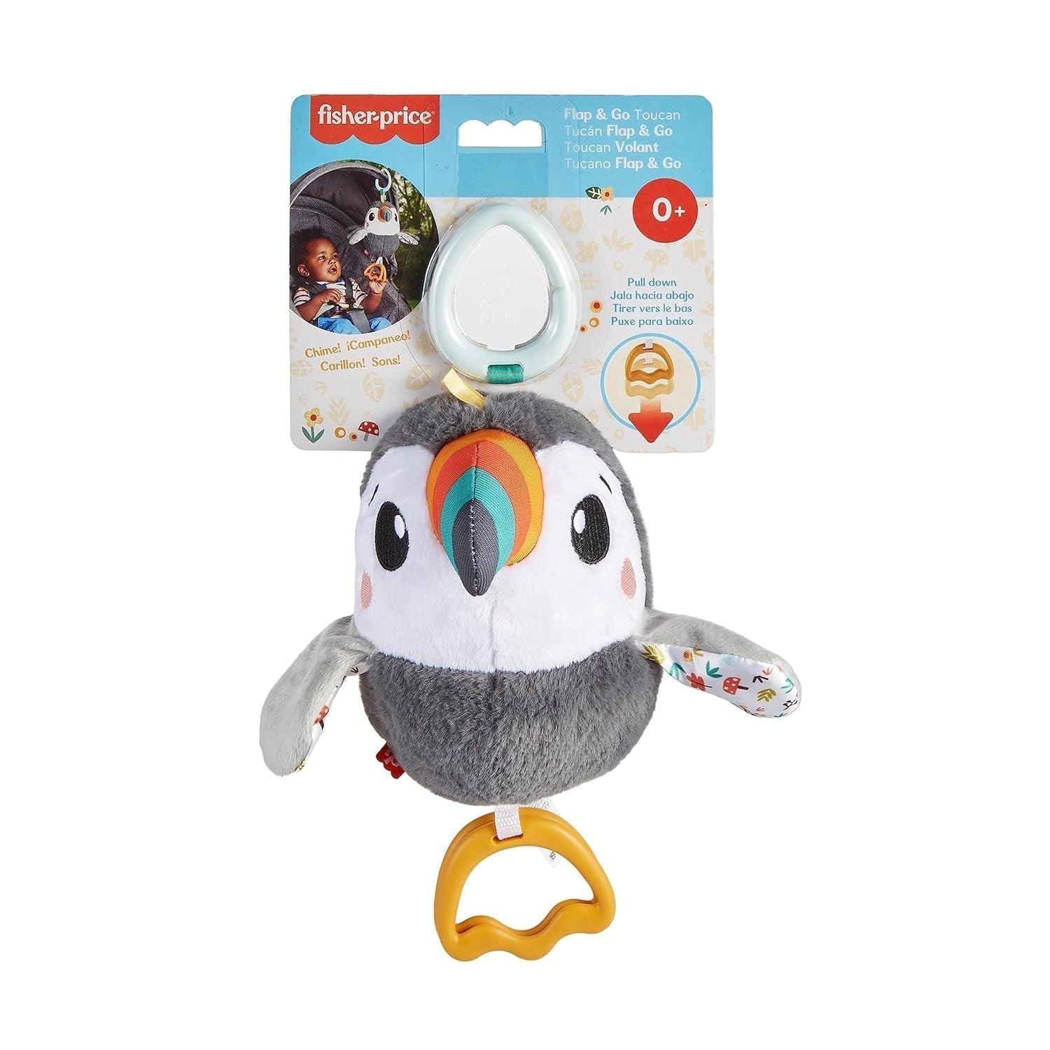 FISHER-PRICE Flap & Go Toucan - Plyšová hračka do kočárku podporuje jemné motorické a smyslové dovednosti u novorozenců od narození HNX66 Baby Toys Naty Shop