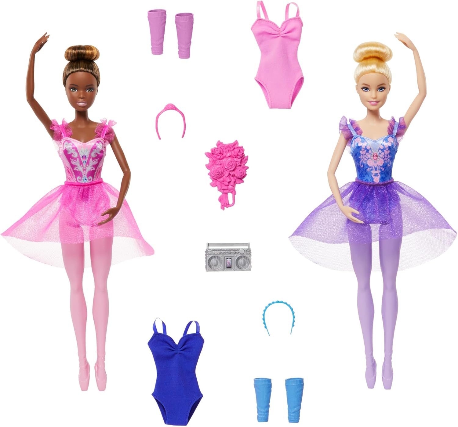 Barbie Ballettstudio Set se 2 loutkama a 9 koulemi, blondýnka a brunetka Balerína-Modepuppen s aussietzem Outfit and zum Tanzmotto passten Teilen, HXC37, [Multicolor]